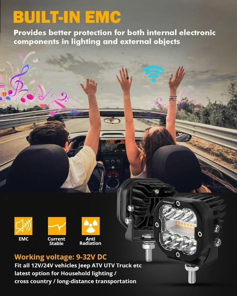 96W 3 inch LED Work Light Driving Fog Lamp Light Pod with Memory Function 6 Modes for Offroad