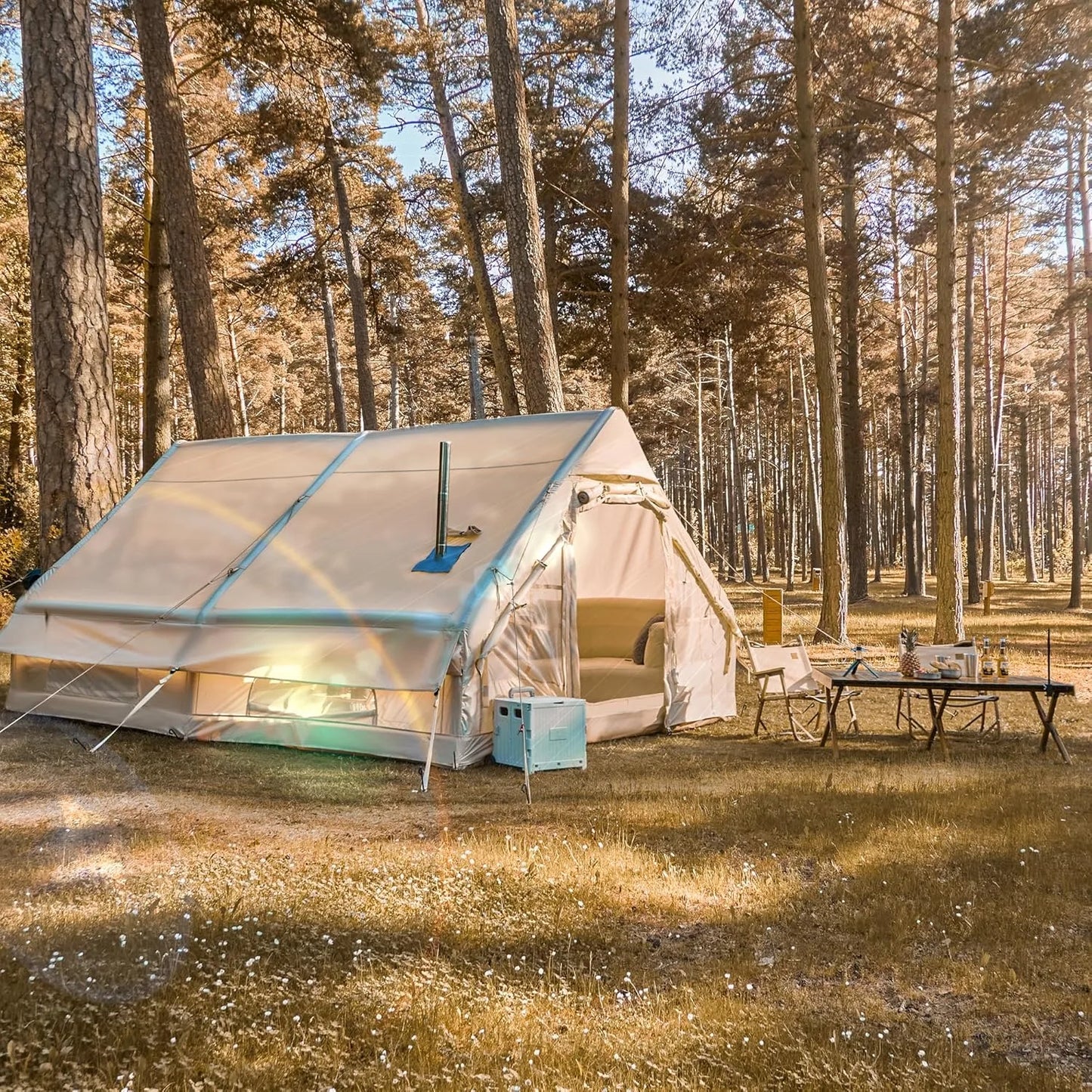 8-10 Person ,129 Square Large Inflatable Camping Tent with Stove Jack, Blow up Tent With Mesh Windows