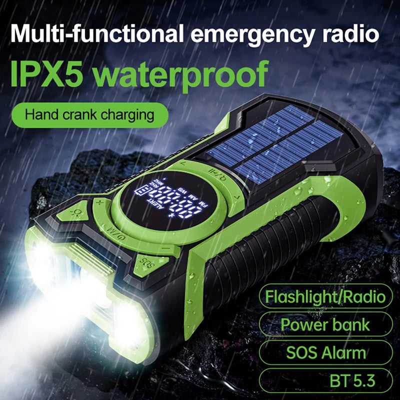 Portable Solar Emergency Weather Radio Bluetooth Compatible with Hand Crank AM FM NOAA and Phone Charger