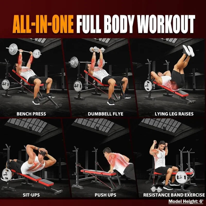 600LBS 6 in 1 Weight Bench Set, Adjustable Bench Press Set and Squat Rack, Foldable Workout Benche