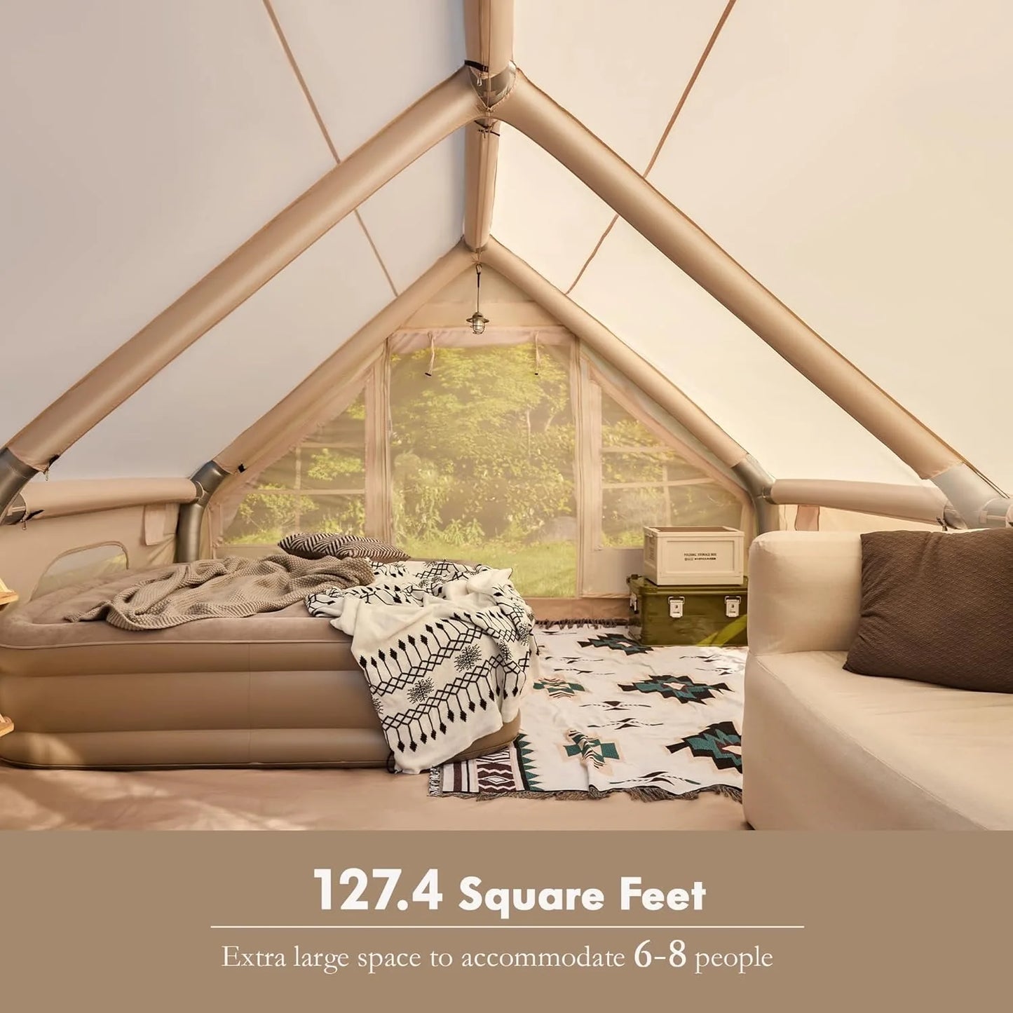 8-10 Person ,129 Square Large Inflatable Camping Tent with Stove Jack, Blow up Tent With Mesh Windows