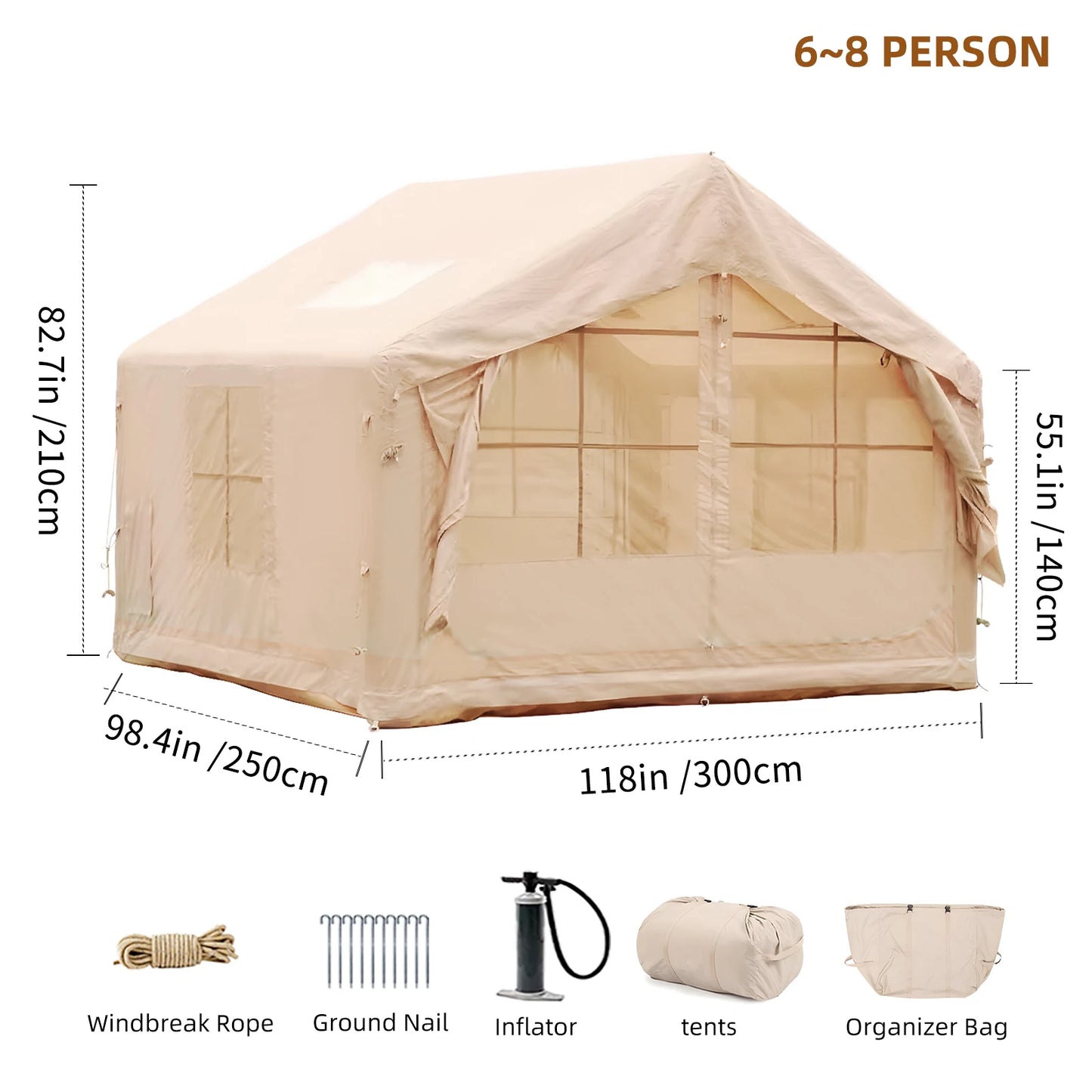 Inflatable Tent for Camping - 6-8 Person Ultra-Quick Setup80.73 Square Feet 4 Season with Stove
