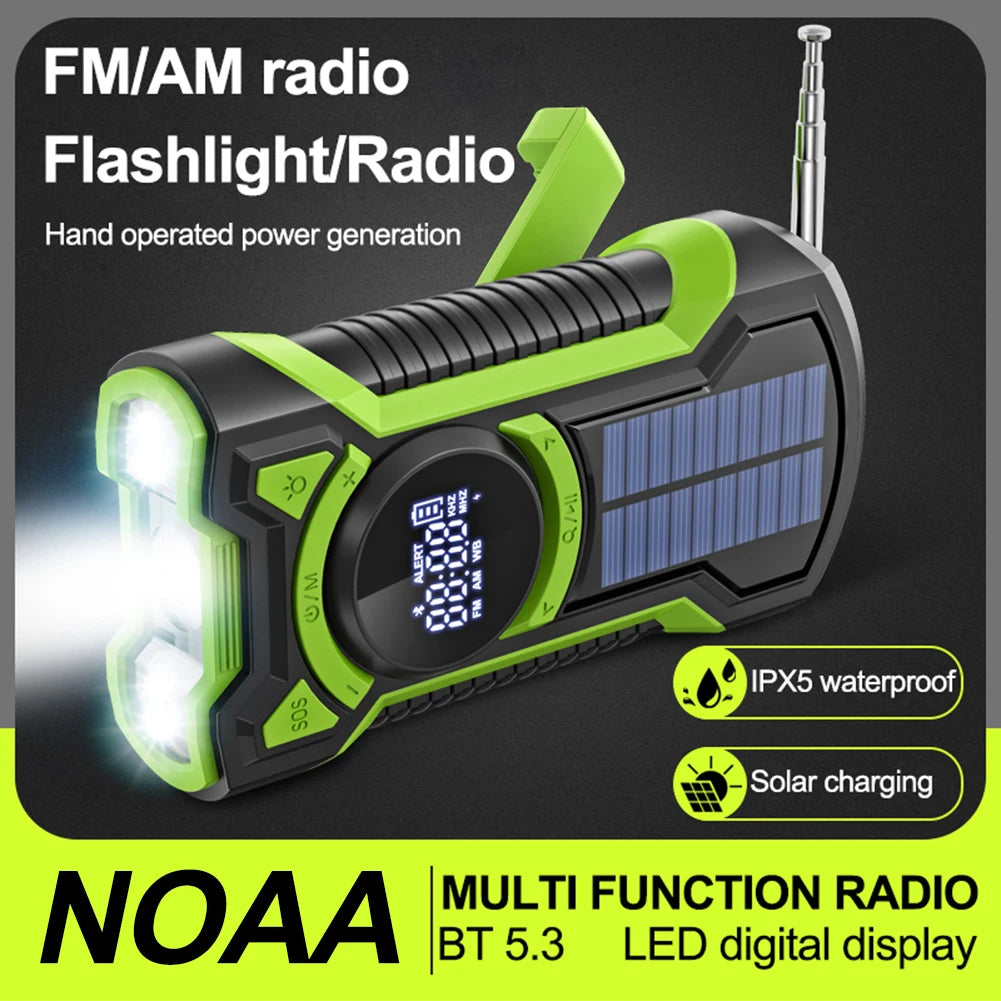 Portable Solar Emergency Weather Radio Bluetooth Compatible with Hand Crank AM FM NOAA and Phone Charger